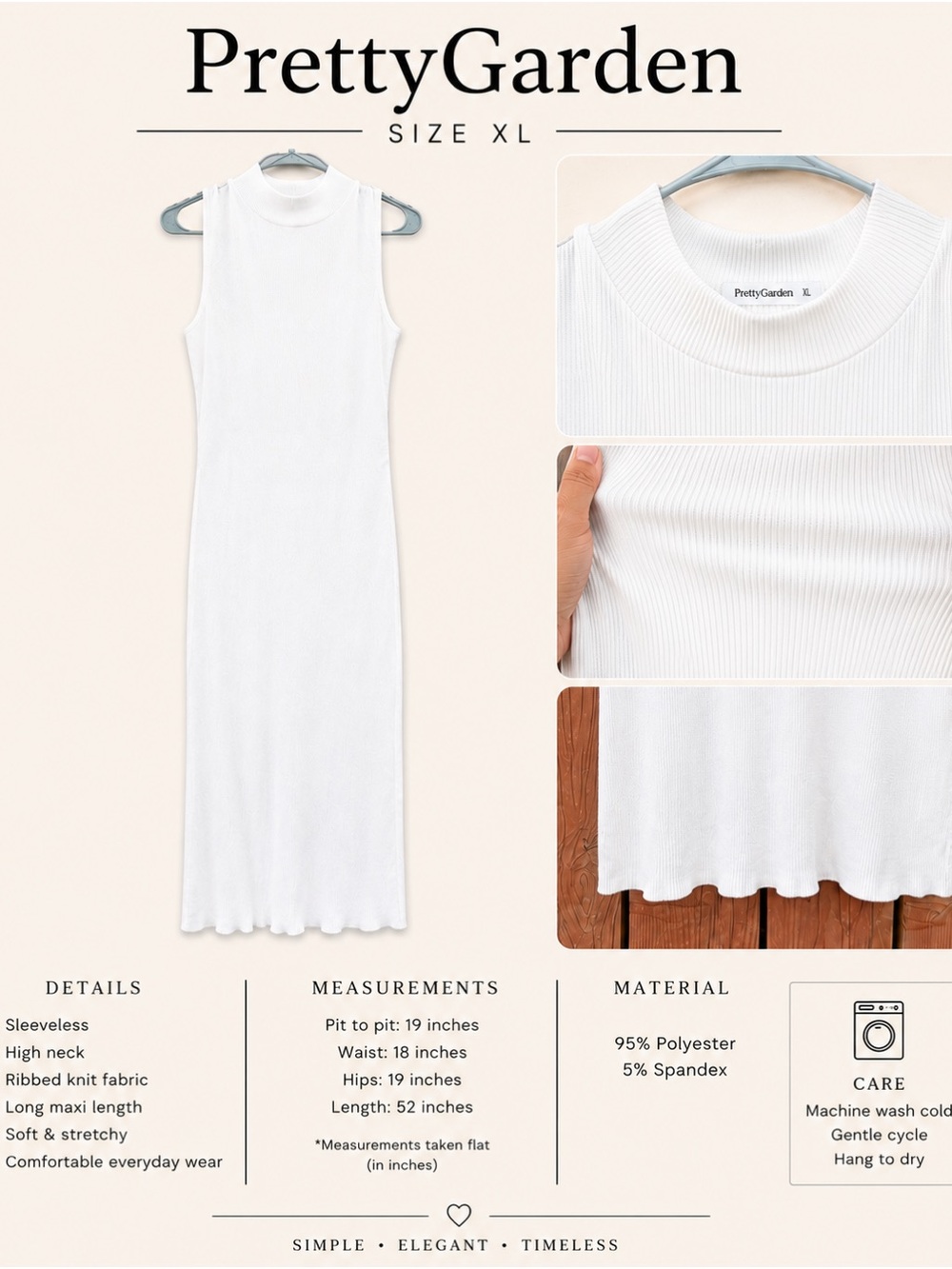 PrettyGarden White Ribbed High-Neck Maxi Dress